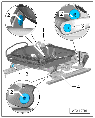 Removing and installing lower seat pan frame with seat longitudinal adjustment motor -V28-/-V31-