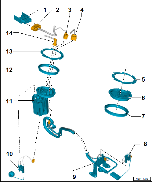 Assembly overview - fuel delivery unit/fuel gauge sender, vehicles with four-wheel drive