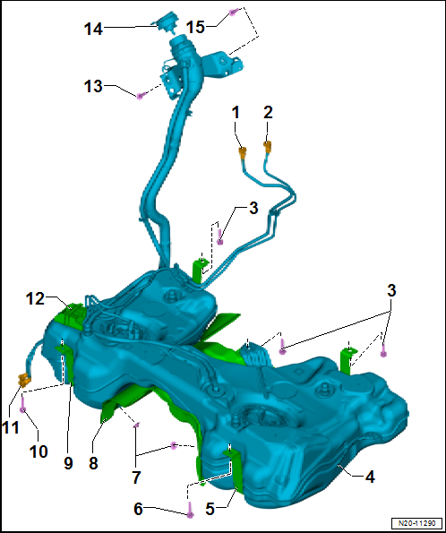Assembly overview - fuel tank, vehicles with four-wheel drive