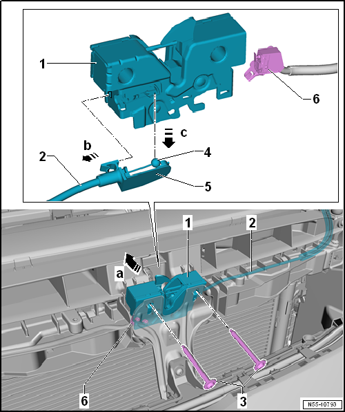 Removing and installing bonnet lock, LHD vehicle