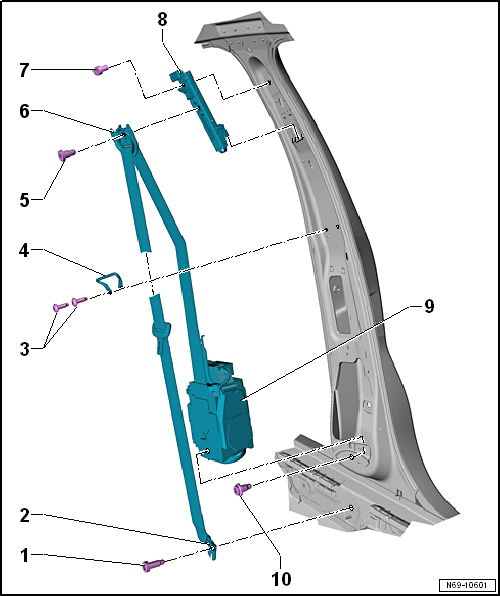 Assembly overview - front three-point seat belt, 4-door model and estate
