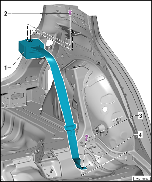 Assembly overview - three-point seat belt, 4-door model, without belt tensioner