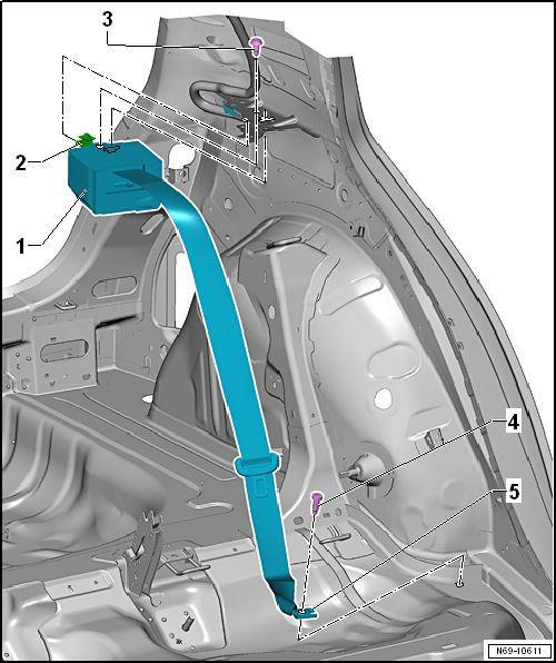 Assembly overview - three-point seat belt, 4-door model, with belt tensioner