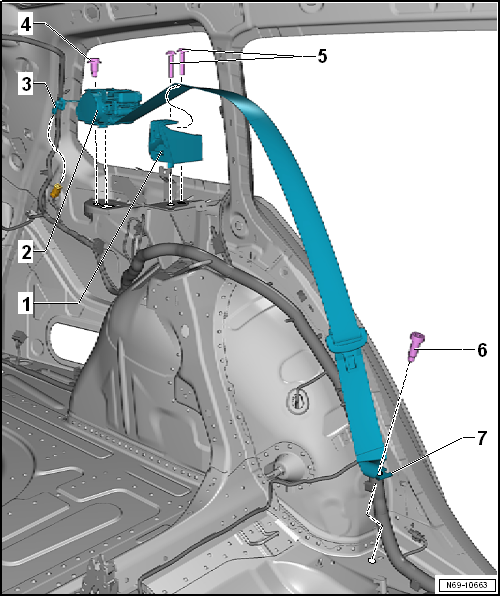 Assembly overview - three-point seat belt, estate, with belt tensioner