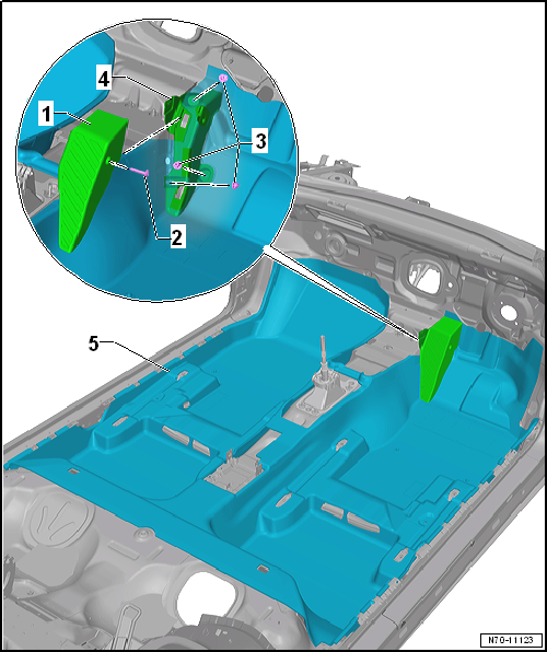 Assembly overview - foot rest and floor covering, RHD vehicles