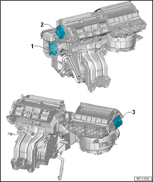 Overview of fitting locations - front control motors, air conditioning system with electric/manual controls, LHD vehicles