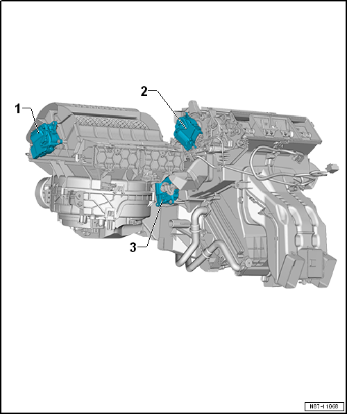 Overview of fitting locations - front control motors, air conditioning system with electric/manual controls, RHD vehicles