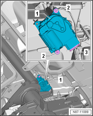 Removing and installing defroster flap control motor -V107- with potentiometer -G135-, RHD vehicles